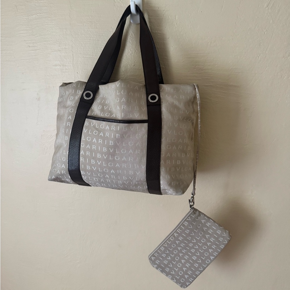 Bvlgari Bulgari Logo Mania Beige Canvas and Leather Tote Bag with Pouch